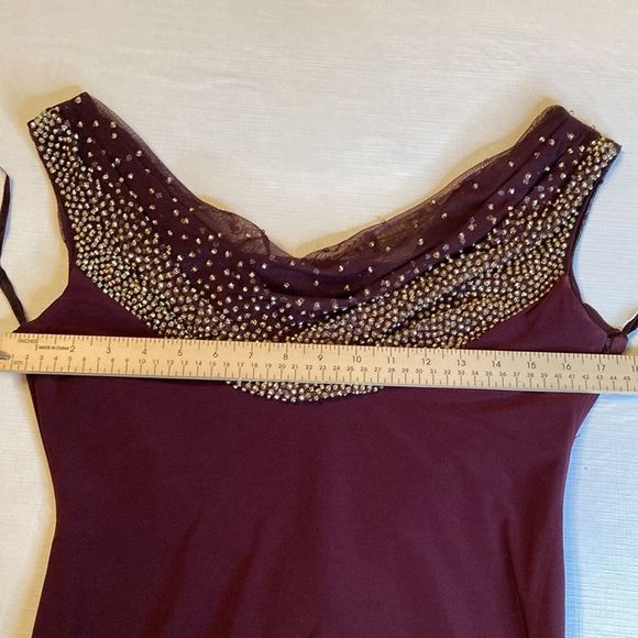 Cachet Gown Maxi Gold Beads Front & Back Neckline Burgundy Color Formal Gown - Picture 11 of 13